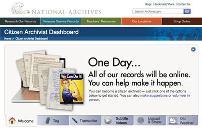 Screenshot of the Citizen Archivist Dashboard website from the National Archives