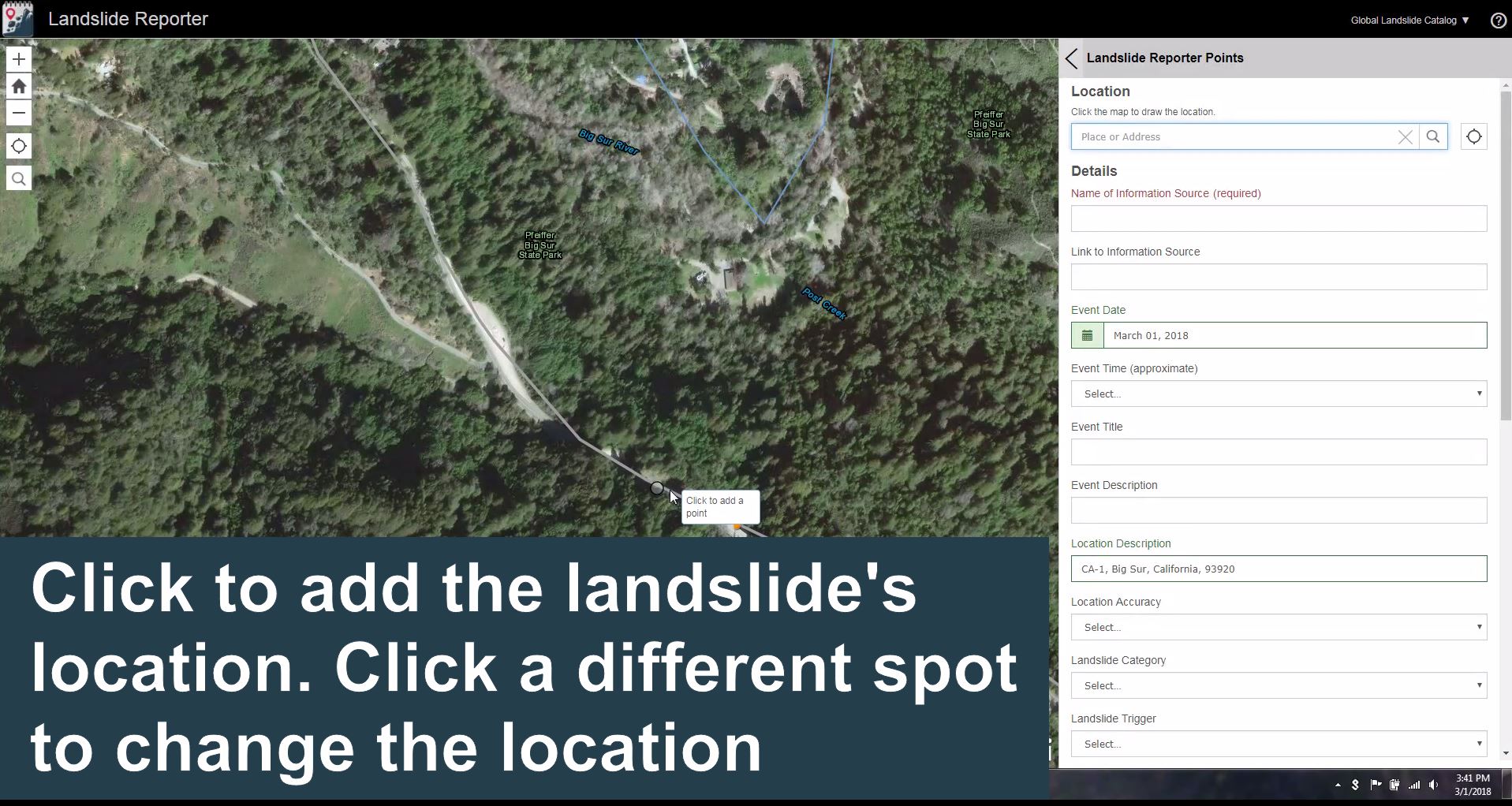 screenshot of Landslide Reporter project web page.