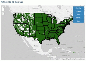 A map tool on the FCC site showing nationwide 4G broadband coverage. The coverage color is green.