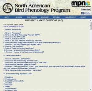 A screenshot with list of frequently asked questions, part of the training materials for users of the North American Bird Phenology Program.