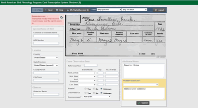 Screenshot of the transcription webpage for the North American Bird Phenology Program.