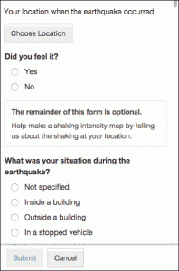 A screen capture of the mobile version of “Did You Feel It?” questionnaire.