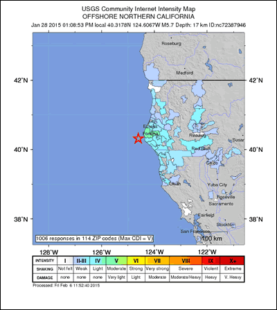 A screenshot of a Northern California map indicating magnitude 5.7 offshore earthquake and the resulting felt shaking.
